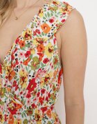 cflo Rochie Maxi Galben-Roșie cu Decolteu Triunghiular și Motiv Floral cu Volan Moraila