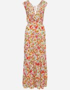 cflo Rochie Maxi Galben-Roșie cu Decolteu Triunghiular și Motiv Floral cu Volan Moraila