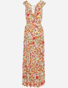 cflo Rochie Maxi Galben-Roșie cu Decolteu Triunghiular și Motiv Floral cu Volan Moraila