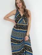 cflo Rochie Maxi neagră și bleumarin din viscoză cu un model fantezist Wellilne