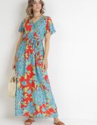 cflo Rochie Maxi Petrecută Albastru-Roșie cu elastic în talie florală din viscoză Aryna