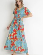 cflo Rochie Maxi Petrecută Albastru-Roșie cu elastic în talie florală din viscoză Aryna