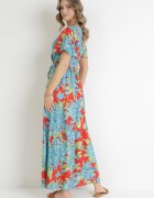 cflo Rochie Maxi Petrecută Albastru-Roșie cu elastic în talie florală din viscoză Aryna