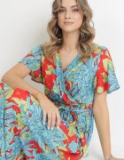 cflo Rochie Maxi Petrecută Albastru-Roșie cu elastic în talie florală din viscoză Aryna