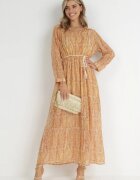 cflo Rochie Maxi Portocalie-Galbenă cu Ață Decorativă și Elastic în Talie Sarvehe