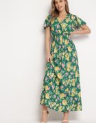 cflo Rochie Maxi Verde-Galbenă din viscoză cu croială evazată și decolteu petrecut florală Arvelia.