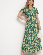 cflo Rochie Maxi Verde-Galbenă din viscoză cu croială evazată și decolteu petrecut florală Arvelia.
