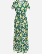 cflo Rochie Maxi Verde-Galbenă din viscoză cu croială evazată și decolteu petrecut florală Arvelia.