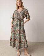 cflo Rochie Maxi Verde-Maro din Viscoză în Stil Boho cu Imprimeu Paisley și Elastic în Talie Naroli