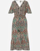 cflo Rochie Maxi Verde-Maro din Viscoză în Stil Boho cu Imprimeu Paisley și Elastic în Talie Naroli