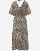 cflo Rochie Maxi Verde-Maro din Viscoză în Stil Boho cu Imprimeu Paisley și Elastic în Talie Naroli