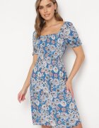 cflo Rochie Midi Albastră din Vâscoză cu Benzi Elastice la Decolteu și cu Model Floral Alonvaria