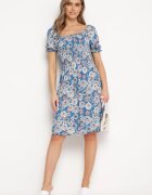 cflo Rochie Midi Albastră din Vâscoză cu Benzi Elastice la Decolteu și cu Model Floral Alonvaria