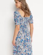 cflo Rochie Midi Albastră din Vâscoză cu Benzi Elastice la Decolteu și cu Model Floral Alonvaria