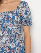 cflo Rochie Midi Albastră din Vâscoză cu Benzi Elastice la Decolteu și cu Model Floral Alonvaria