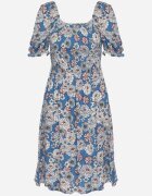 cflo Rochie Midi Albastră din Vâscoză cu Benzi Elastice la Decolteu și cu Model Floral Alonvaria