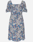cflo Rochie Midi Albastră din Vâscoză cu Benzi Elastice la Decolteu și cu Model Floral Alonvaria