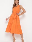 cflo Rochie midi portocalie din viscoză cu elastic în talie și curea din material Bicuh