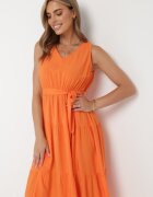 cflo Rochie midi portocalie din viscoză cu elastic în talie și curea din material Bicuh