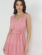 cflo Rochie Midi Roz din viscoză cu elastic în talie și curea din material Bicuh
