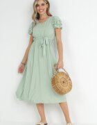 cflo Rochie midi Verde deschis din Viscoză cu Elastic în Talie și Curea din Material Textil Aricia