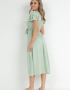 cflo Rochie midi Verde deschis din Viscoză cu Elastic în Talie și Curea din Material Textil Aricia