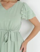 cflo Rochie midi Verde deschis din Viscoză cu Elastic în Talie și Curea din Material Textil Aricia