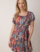cflo Rochie mini albastru-negru din viscoză cu elastice în talie și volan Muena