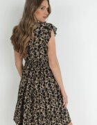 cflo Rochie Mini Bej închis-Negru din Vâscoză cu Volan la Umeri și la Tiv Jaysing