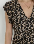 cflo Rochie Mini Bej închis-Negru din Vâscoză cu Volan la Umeri și la Tiv Jaysing