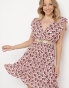 cflo Rochie Mini Bej-Roșu din Viscoză cu Model Mozaic cu Elastic în Talie Lariaa