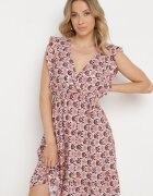 cflo Rochie Mini Bej-Roșu din Viscoză cu Model Mozaic cu Elastic în Talie Lariaa