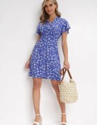cflo Rochie Mini bleumarin florală din viscoză cu elastic încrețit în talie Catela