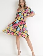 cflo Rochie Mini Din Viscoză Negru-Galbenă cu Elastic în Talie și Volan la Mânecă Ishana