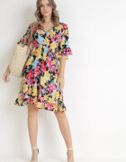 cflo Rochie Mini Din Viscoză Negru-Galbenă cu Elastic în Talie și Volan la Mânecă Ishana
