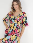 cflo Rochie Mini Din Viscoză Negru-Galbenă cu Elastic în Talie și Volan la Mânecă Ishana
