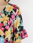 cflo Rochie Mini Din Viscoză Negru-Galbenă cu Elastic în Talie și Volan la Mânecă Ishana
