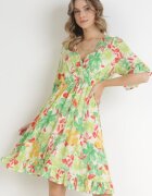cflo Rochie Mini din viscoză verde deschis cu elastic în talie și volan la mânecă Ishana