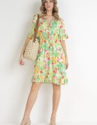 cflo Rochie Mini din viscoză verde deschis cu elastic în talie și volan la mânecă Ishana