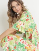 cflo Rochie Mini din viscoză verde deschis cu elastic în talie și volan la mânecă Ishana