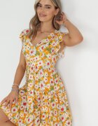 cflo Rochie Mini Galbenă din Viscoză cu Elastic în Talie și Volane Nidi