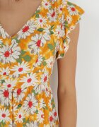 cflo Rochie Mini Galbenă din Viscoză cu Elastic în Talie și Volane Nidi