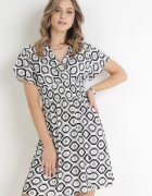 cflo Rochie Mini Gri-Albă din Viscoză cu Elastic în Talie și Decolteu Petrecut Karisa