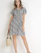 cflo Rochie Mini Gri-Albă din Viscoză cu Elastic în Talie și Decolteu Petrecut Karisa