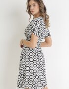 cflo Rochie Mini Gri-Albă din Viscoză cu Elastic în Talie și Decolteu Petrecut Karisa