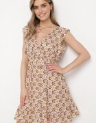 cflo Rochie Mini Maro-Bej din Viscoză cu Model Mozaic cu Elastic în Talie Lariaa