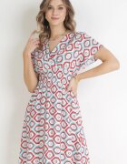 cflo Rochie Mini Roșie-Albă din Viscoză cu Elastic în Talie și Decolteu Petrecut Karisa