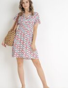 cflo Rochie Mini Roșie-Albă din Viscoză cu Elastic în Talie și Decolteu Petrecut Karisa