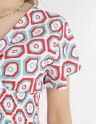 cflo Rochie Mini Roșie-Albă din Viscoză cu Elastic în Talie și Decolteu Petrecut Karisa