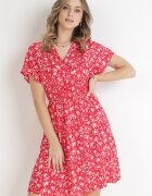 cflo Rochie Mini Roșie Florală din Viscoză cu Elastic Încrețit în Talie Catela